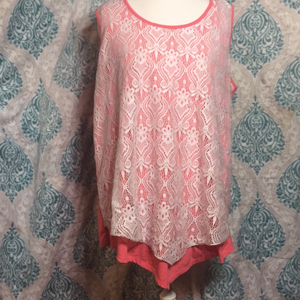 Coral and Lace Faux Layer Tank